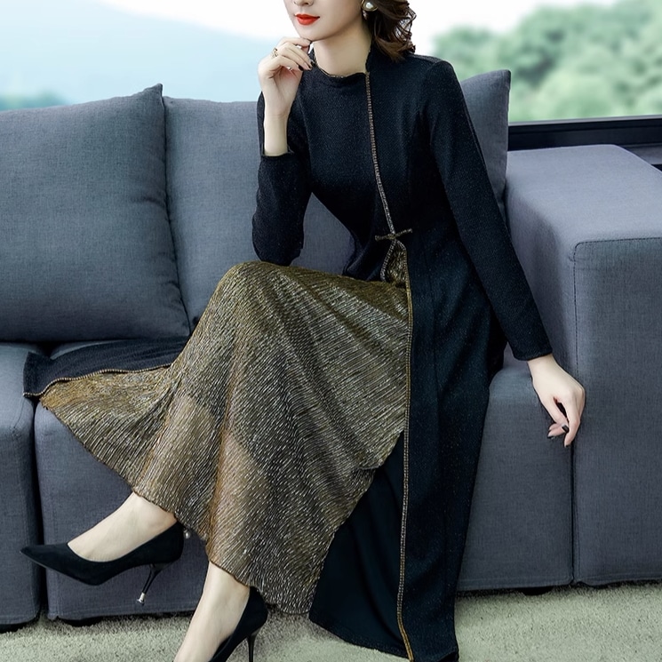 ワンピース ワンピドレス ロング丈 袖あり 長袖 ラウンドネック 襟なし セミフレア Aライン 切り替えデザイン ドッキング ファスナー ハイウエスト 透け感 かわいい 大人可愛い きれいめ シンプル