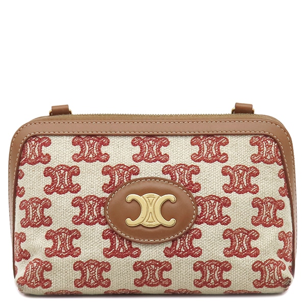 セリーヌ ショルダーバッグ トリオンフ チェーン付き クラッチ キャンバス レザー ブラウン×ベージュ×レッド ゴールド金具 茶 赤 チェーンショルダー 【中古】