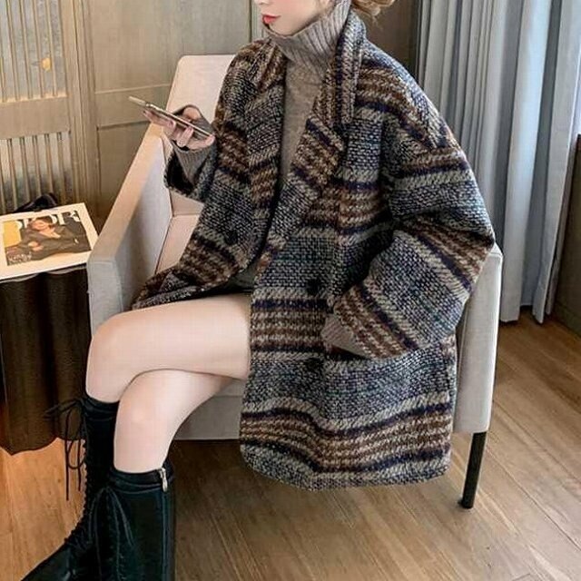 アウター ジャケット コート アウターレディース コートレディース チェック柄オーバーサイズ チェスターコート ミディ丈 ドロップショルダー ドルマンスリーブ ビッグシルエット ピーコート ミディアム