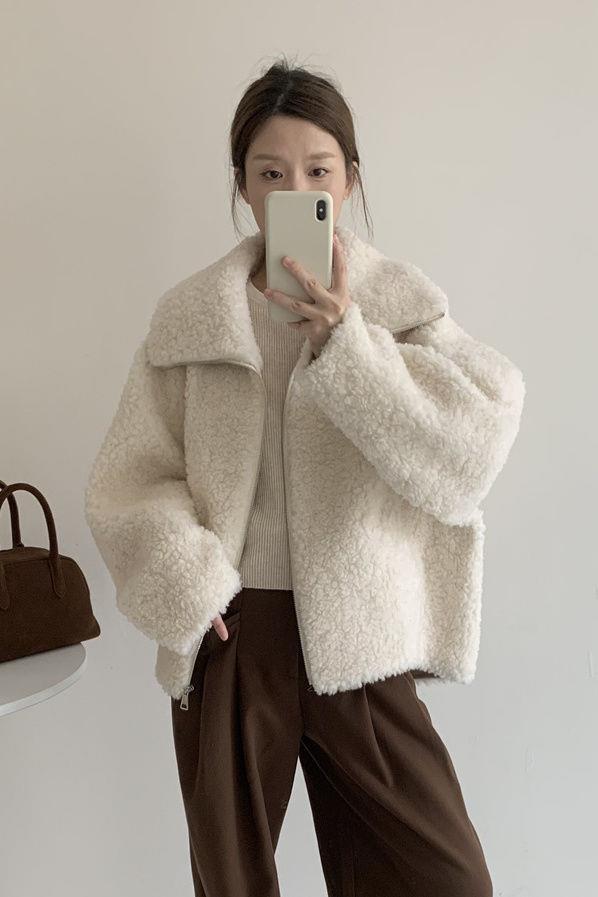 【速達!】子羊毛コート女性初2025ゆったり着やせカジュアル加絨加厚毛皮一体
