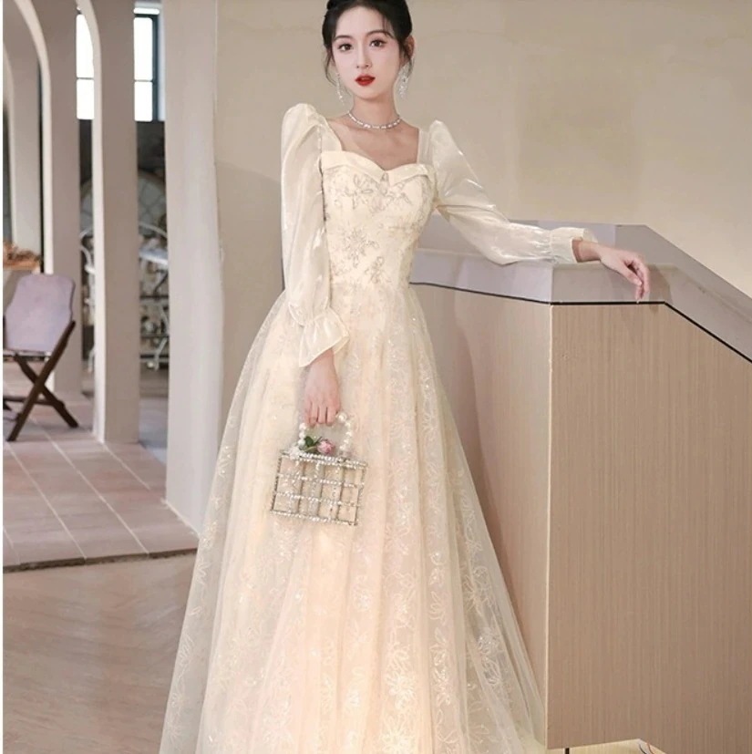 【レディースイブニング】ロングマキシドレス 長袖パフスリーブフレアスリーブ ハートネックフレア レース刺繍 大人可愛いきれいめ個性的エスニック