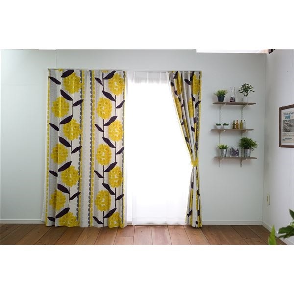 レトロ調 遮光カーテン 幅100cm丈135cm イエロー 1枚入 遮光2級 タッセル付き 形状記憶加工 花柄 ケイランサス