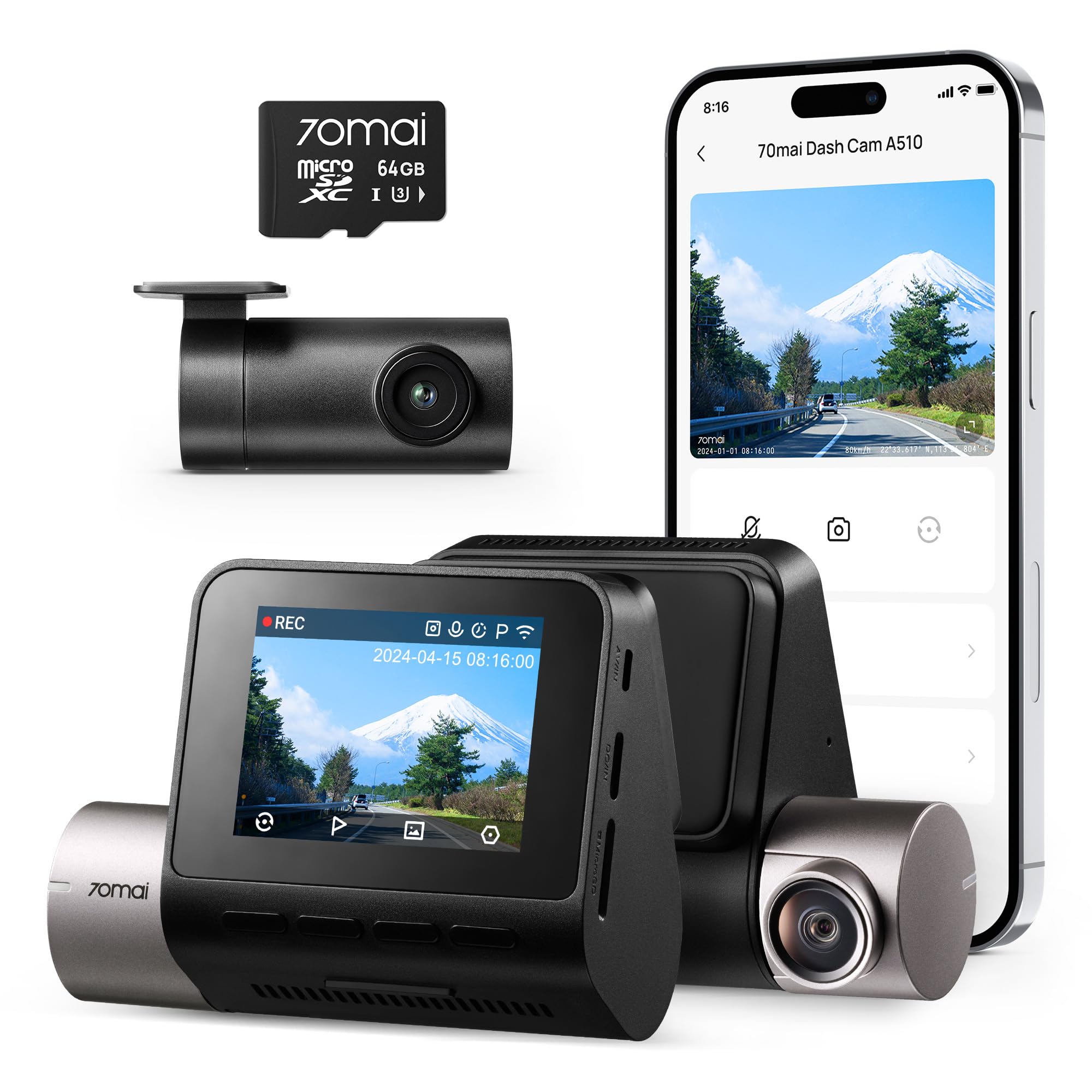 70mai Dash Cam A510ドライブレコーダー 2.7k 500万画素 超強暗視 前後2カメラ 小型ドラレコ STARVIS 2搭載 IMX675センサー 24時間駐車監視 ADAS安全運転