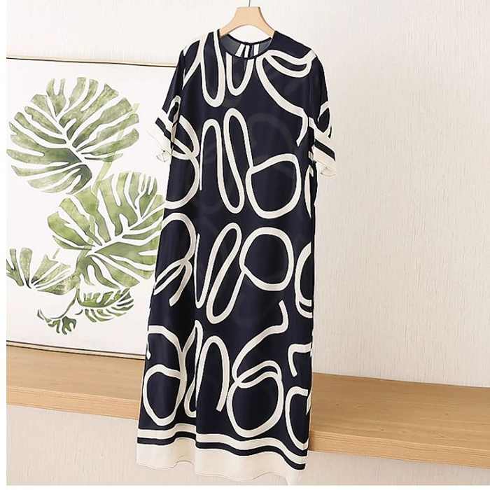 今がチャンス上品プリント柄ワンピース　半袖　ひざ下丈　ミセスワンピース　ストレートライン　体系が隠れる　ネイビー　op-2501-12