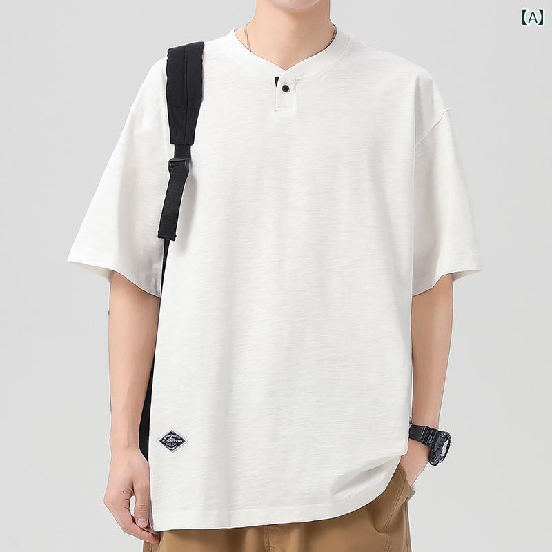 ポロシャツ アメリカン レトロ ヘンリーカラー 半袖 Tシャツ 男性用 夏 綿 ヘビー タフ ファッション シンプル メンズ レジャー 綿 ベーシック 無地