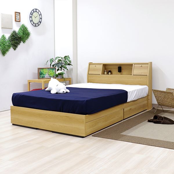 ベッド 日本製 ナチュラル セミダブル マットレスセット ポケットコイル 収納付き 引き出し付き 棚付き コンセント付き 照明付き フラップ テーブル付き セミダブルベッド