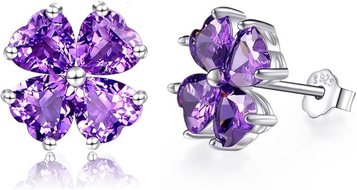 幸運四つ葉のクローバー 女性 6.4ct 2月誕生石紫水晶アメシスト 925純銀製 シルバー ピアス K18コーティング 金属アレルギー対応( 2月 誕生石 アメジスト (紫水晶))