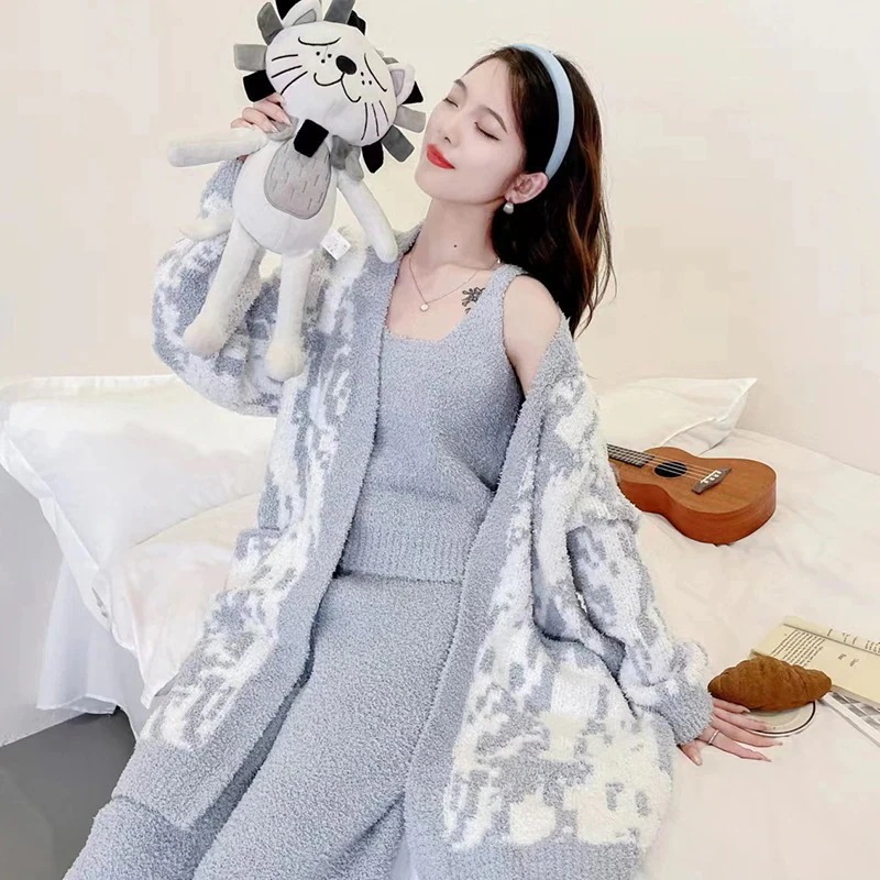 ニット クリスマス ルームウェア お肌に優しい ズボン 部屋着 厚手 花柄 ウォーム 三点セット アウター ルームウェア ラシャ カーディガン 柔らかい ルームウェア パジャマ タンクトップ