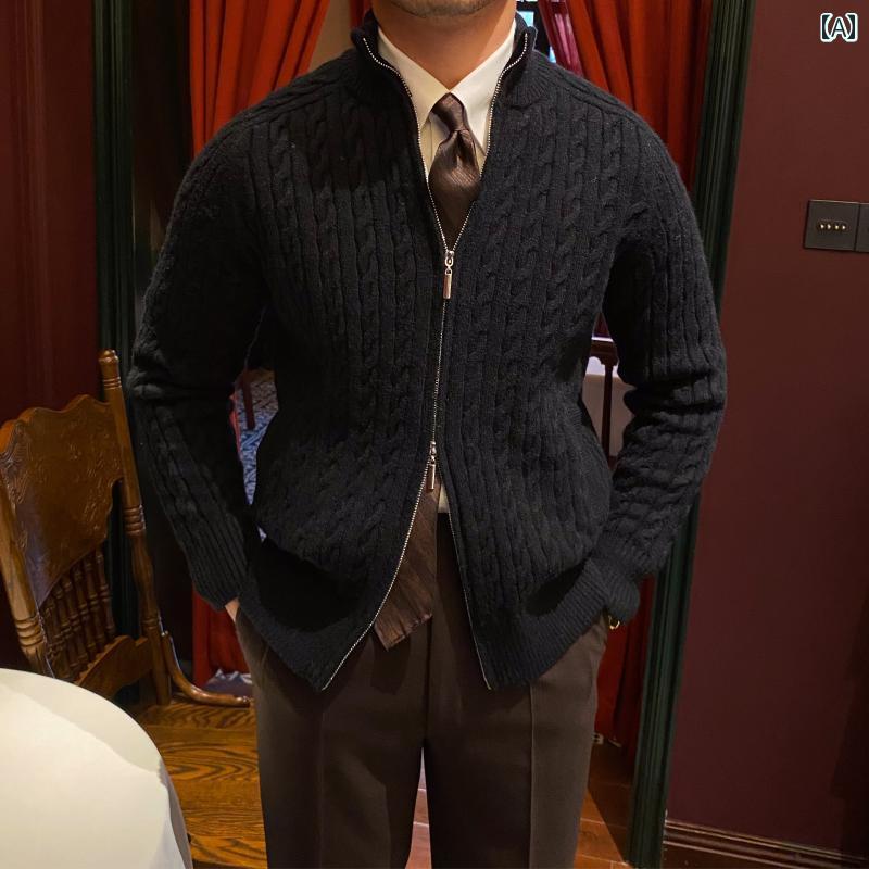 メンズ ファッション トップス 冬 英国風 イタリアン スリムフィット ジャカード スタンドカラー 暖かい セーター ジャケット 厚手 レトロ カジュアル カーディガン
