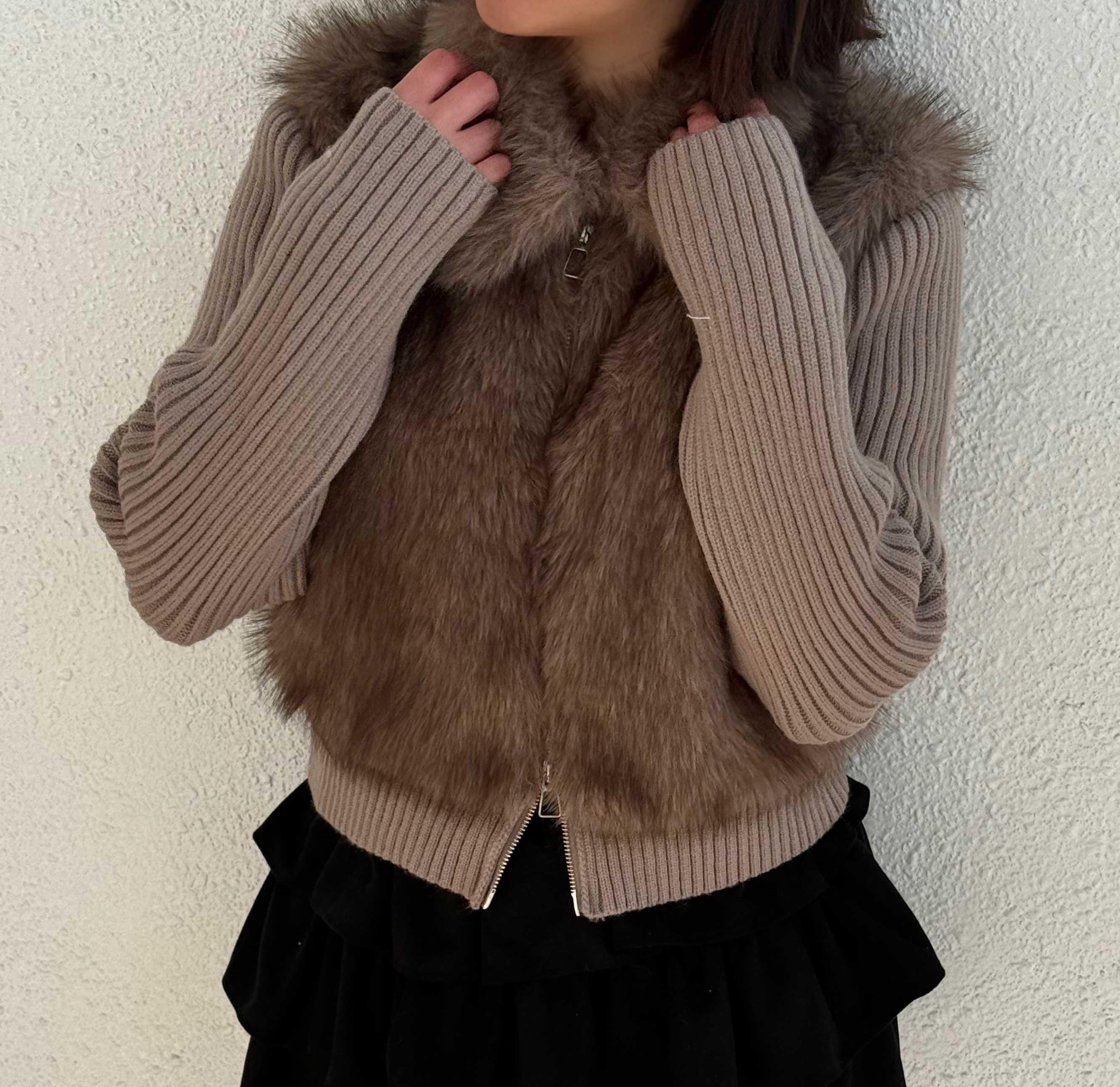 [데일리/간절기/겨울] 라쿤 퍼 집업 자켓 니트 소매탈부착