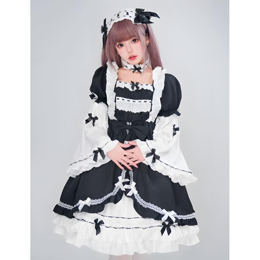 ハッピーハロウィン 新製品 最低価格 可愛いロリータワンピース ブラック メイド洋服 リボンフレア レディースロリータドレス 袖と髪飾りおまけ 半袖長袖自由に変更できる豪華二次元 普段着 ゴスロリ ギ
