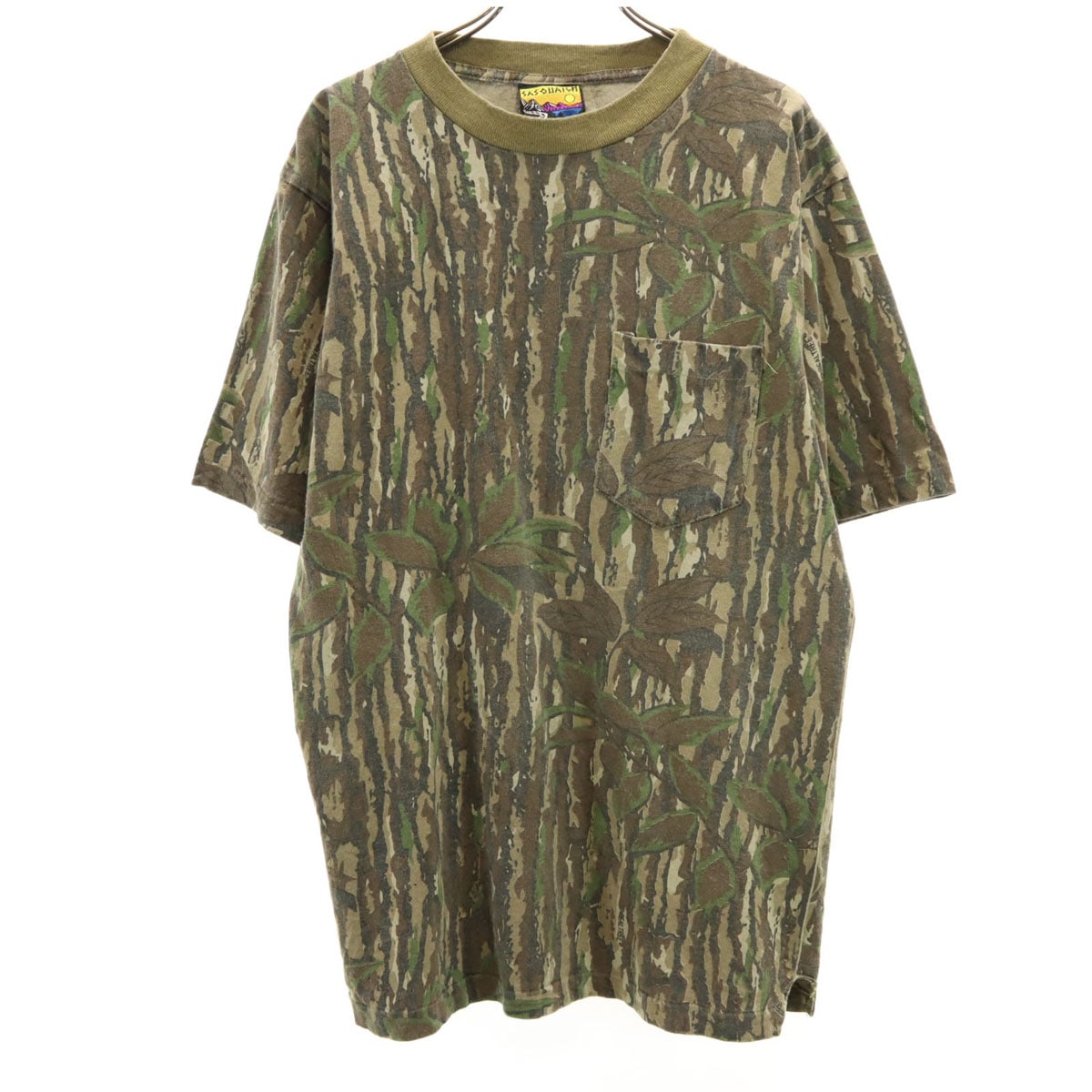 SASQUATCH サスクワッチ 90s USA製 オールド 迷彩柄 半袖 Tシャツ L カーキ ポケT シングルステッチ メンズ 古着