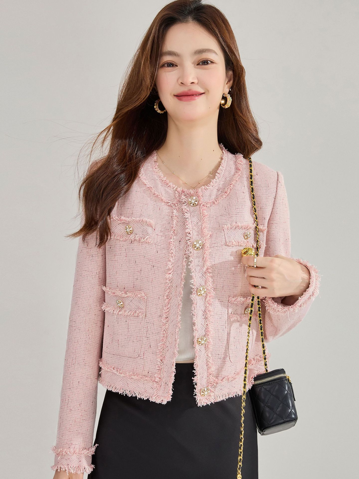 韓国24秋フレンチピンクの小香風ショートジャケットフリンジフリルストレート丸首で痩せ見え甘トップス 15808