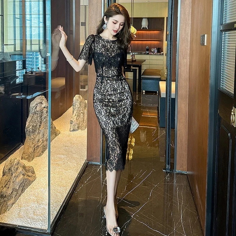 JY.上品 レース ワンピ レイヤード 偽2セット 夏 ドレス パーティー 着痩せ 大人 お呼ばれ