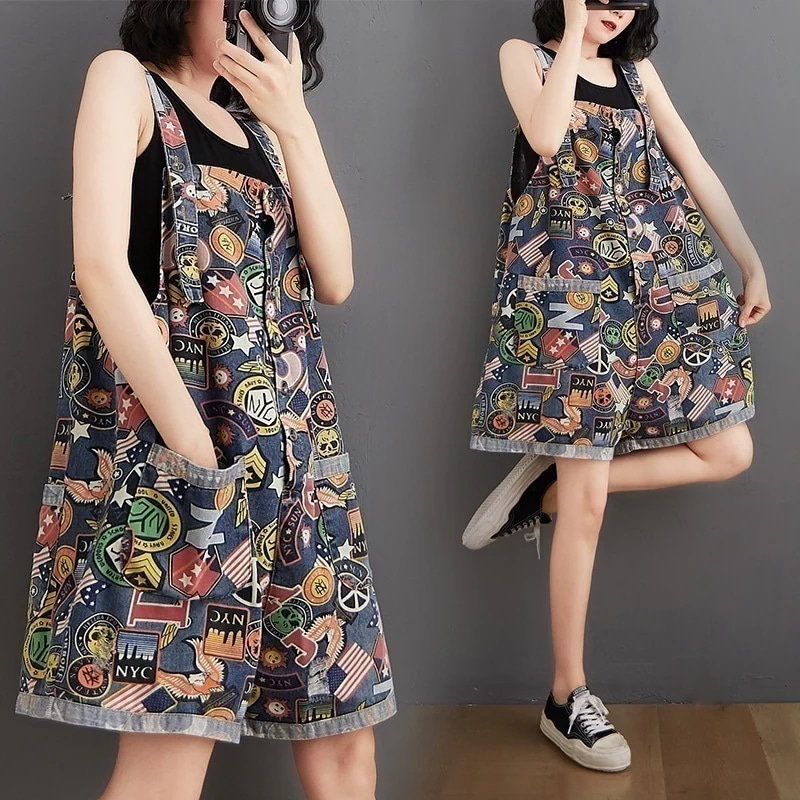 「ファットガール」 夏/大きいサイズ/ワンピース/ファイブパンツ/女性/プリント/デニム/サスペンダーパンツ メガ割30%までに制限