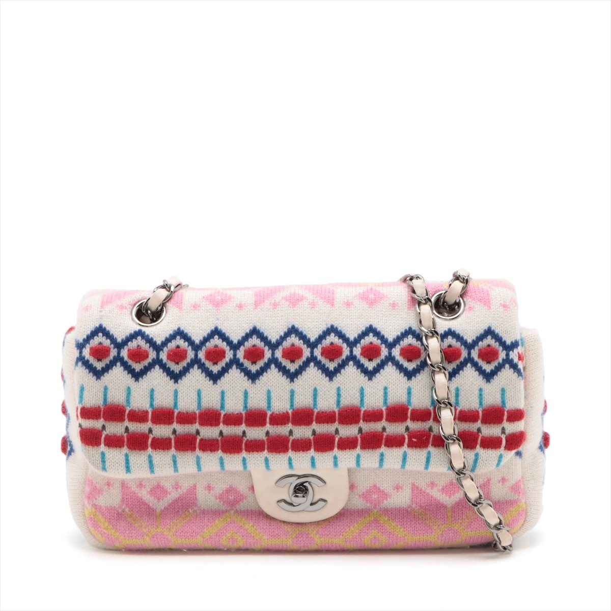 極美品 シリアルシール付 ニット ココマーク チェーン 2WAY ショルダーバッグ 斜め掛け ハンド トート レディース BET 0618-2W4 中古