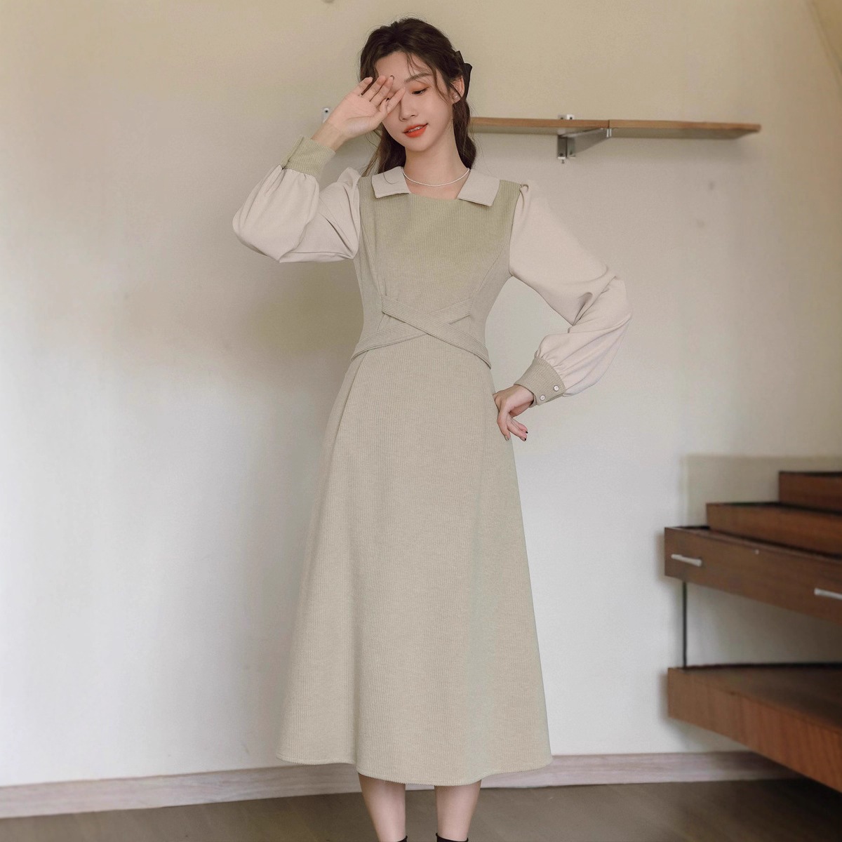 【急速出荷】送.料.無.料.ぶつかり色 秋 冬に着て腰を収めて細く見える ロングスカート ワンピース長袖ロング・マキシ丈ワンピ