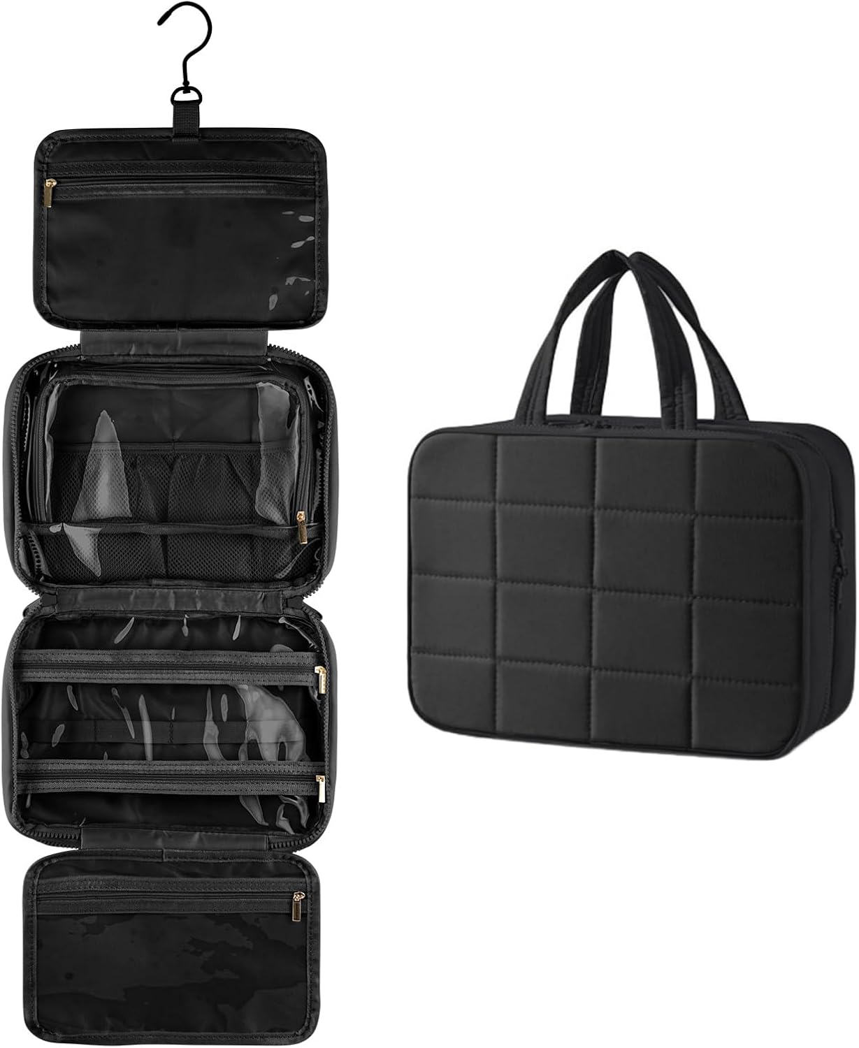 トラベルポーチ トイレタリーバッグ メイクポーチ 吊り下げ 大容量 防水 軽量 折り畳み式 手提げ付き 出張 旅行（ブラック）