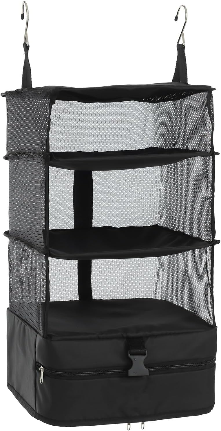 クローゼット吊り下げ収納インナーバッグ 衣類ラック 旅行出張用 省スペース大容量 4段折り畳み式 ブラック ラージサイズ