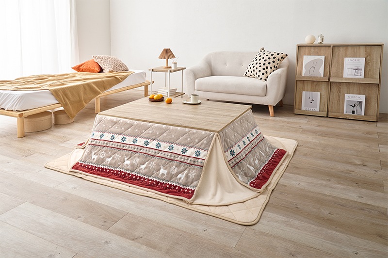 こたつセット 3点セット こたつ 105x75cm ナチュラル/ノルディックレッド コタツ テーブル こたつ布団 リバーシブル 折れ脚 コタツ掛敷布団セット オールシーズン