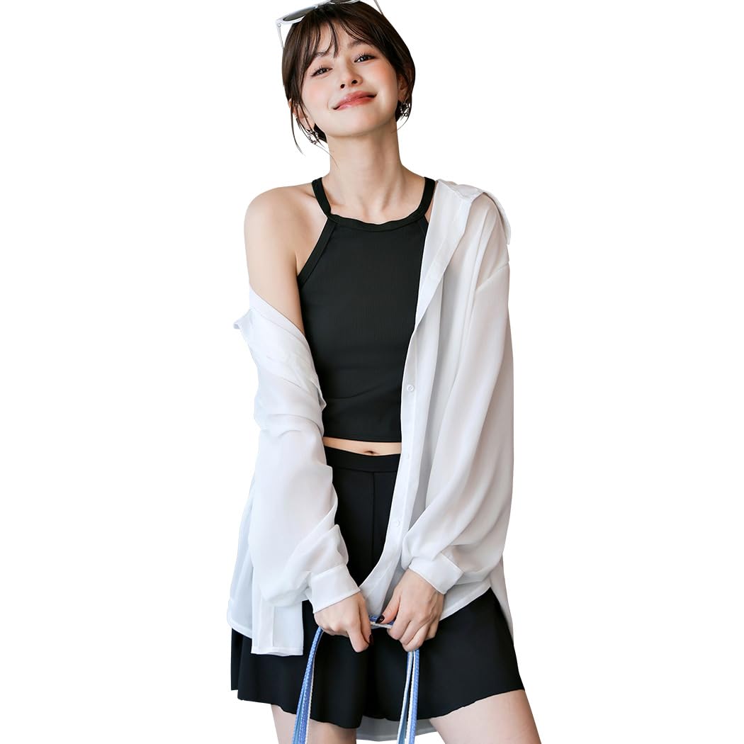 [Teddy] 水着 レディース 体型カバー 3点セット ハイネックタンキニ シアーシャツ ハイウエスト フレアパンツ hys3204 (JP, アルファベット, M, 標準, ホワイト)