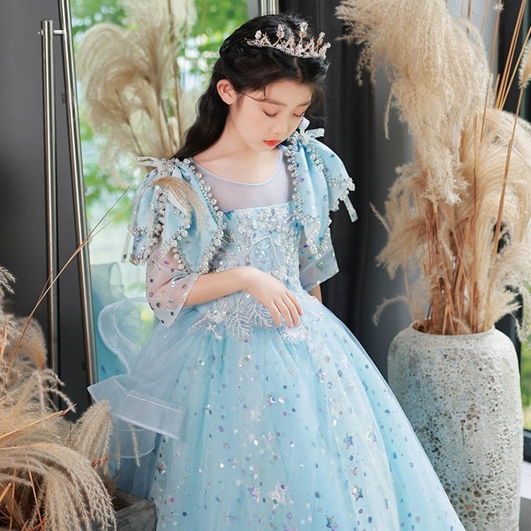 子供ドレス ピアノ発表会ドレス ブルー 水色 ロングドレス 肩リボン パール キレイめ 女児ドレス 演奏会ドレス 女の子ドレス キッズドレス フォーマル スパンコール 100~160cm