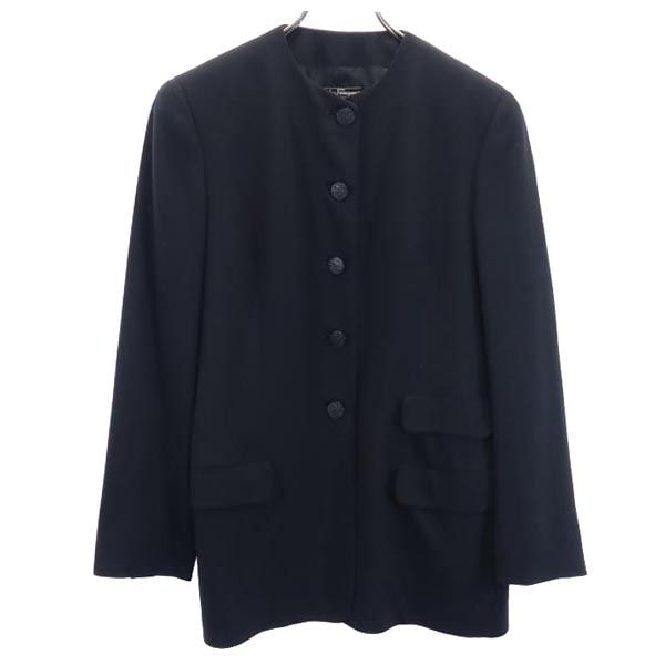 サルヴァトーレフェラガモ イタリア製 ウール ノーカラージャケット 40 ブラック系 Salvatore Ferragamo レディース
