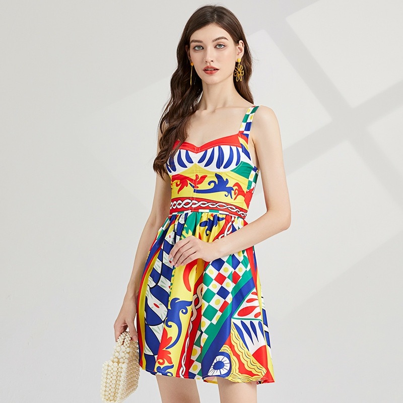春夏パーティードレス キャミワンピース ファッション復古プリントステッチ Aラインワンピース