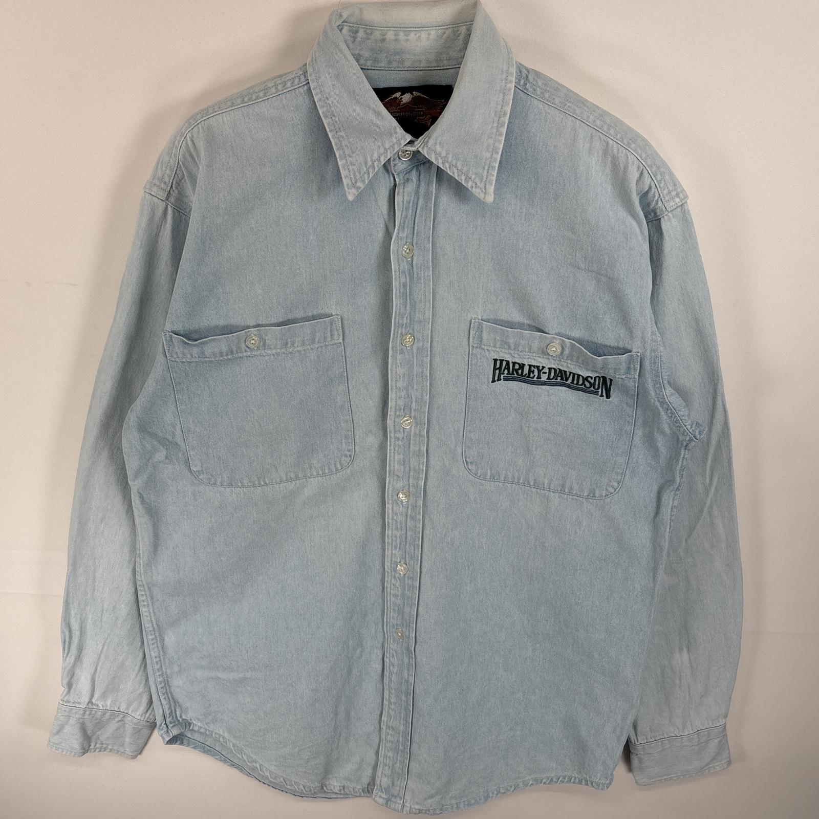 古着 デニム 長袖シャツ ワンポイント 刺繍 ロゴ 胸ポケ 厚手 S ブルー系 無地 メンズ