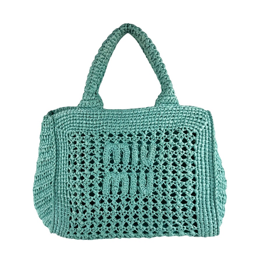 ミュウミュウ MIUMIU ハンドバッグ ショルダーバッグ ラフィア/レザー エメラルドグリーン シルバー レディース z10093
