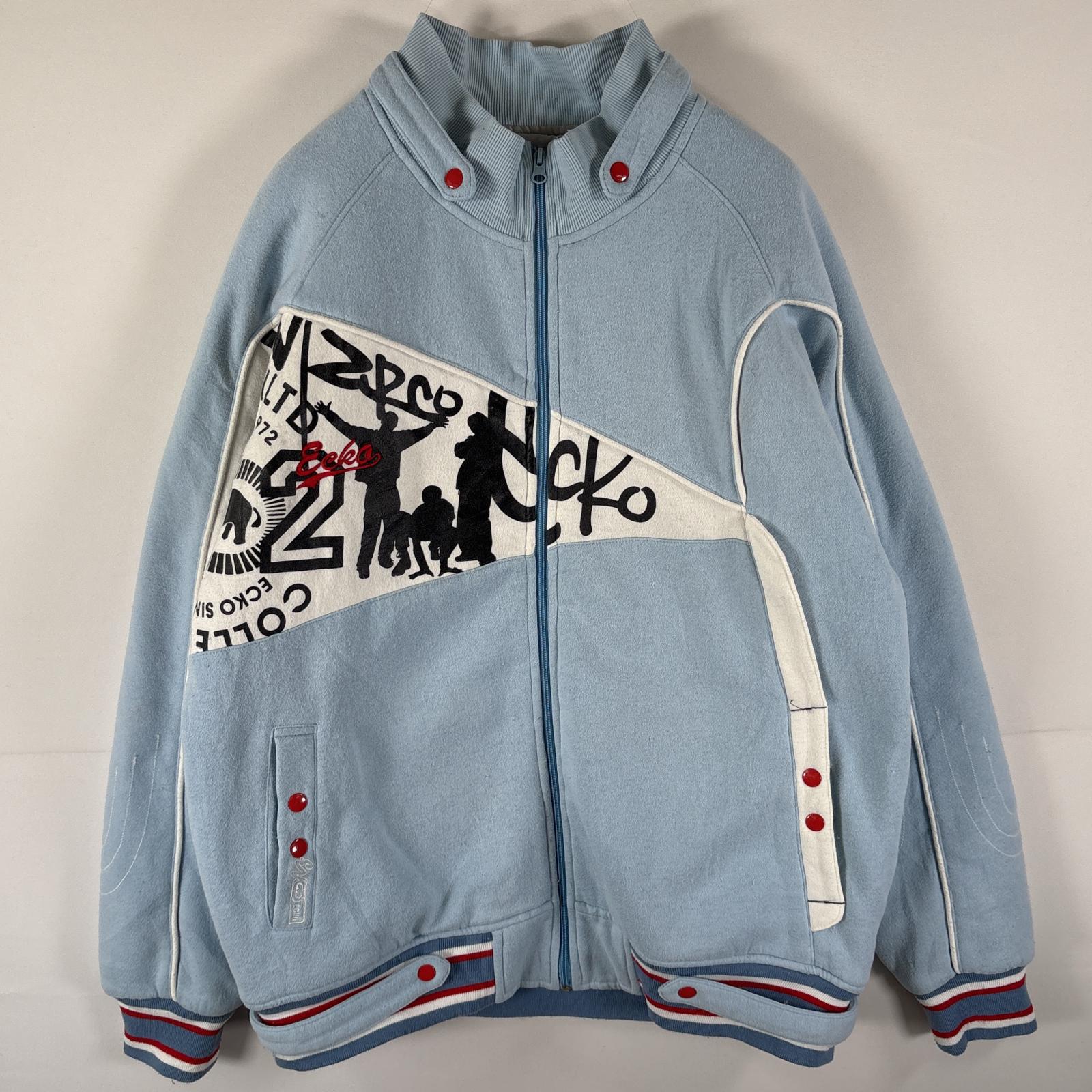 古着 ecko unltd スウェットスタジャン フルジップ ヒップホップ 大きいサイズ ロゴプリント刺繍 XXL 水色 メンズ