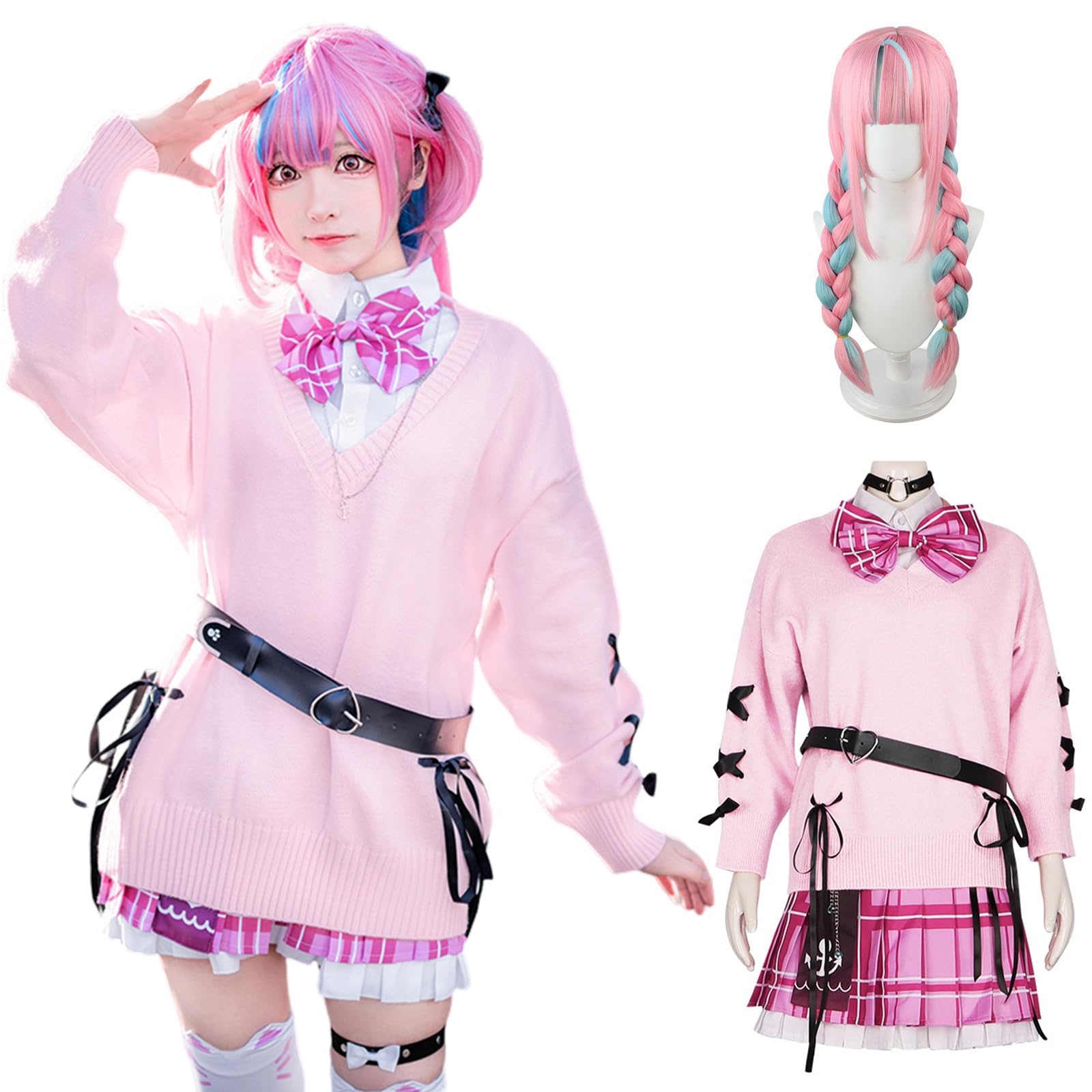 [神併良品] 湊あくあ コスプレ ウィッグ付き Vtuber コスプレ衣装 大人用 仮装 文化祭 イベント 制服 コスチューム ステージ服 (湊あくあ ウィッグ付き, M) 92274