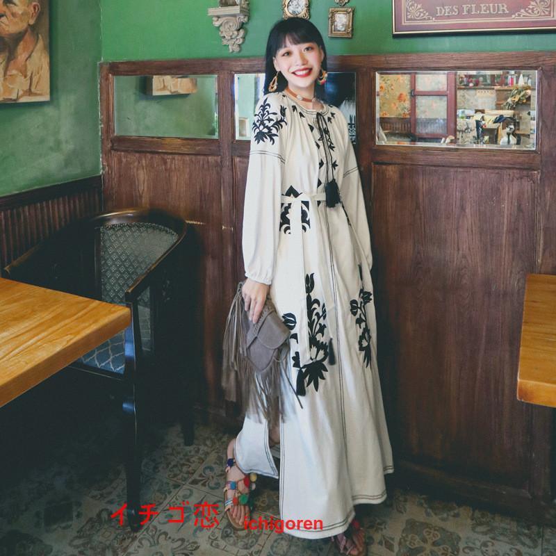 新品（アクティブ中）ロングワンピース ワンピース エスニック コットンリネン 綿麻 花柄 リゾート 長袖 カジュアル 大人 夏秋 スリット ゆったり 体型カバー きれいめsopep店