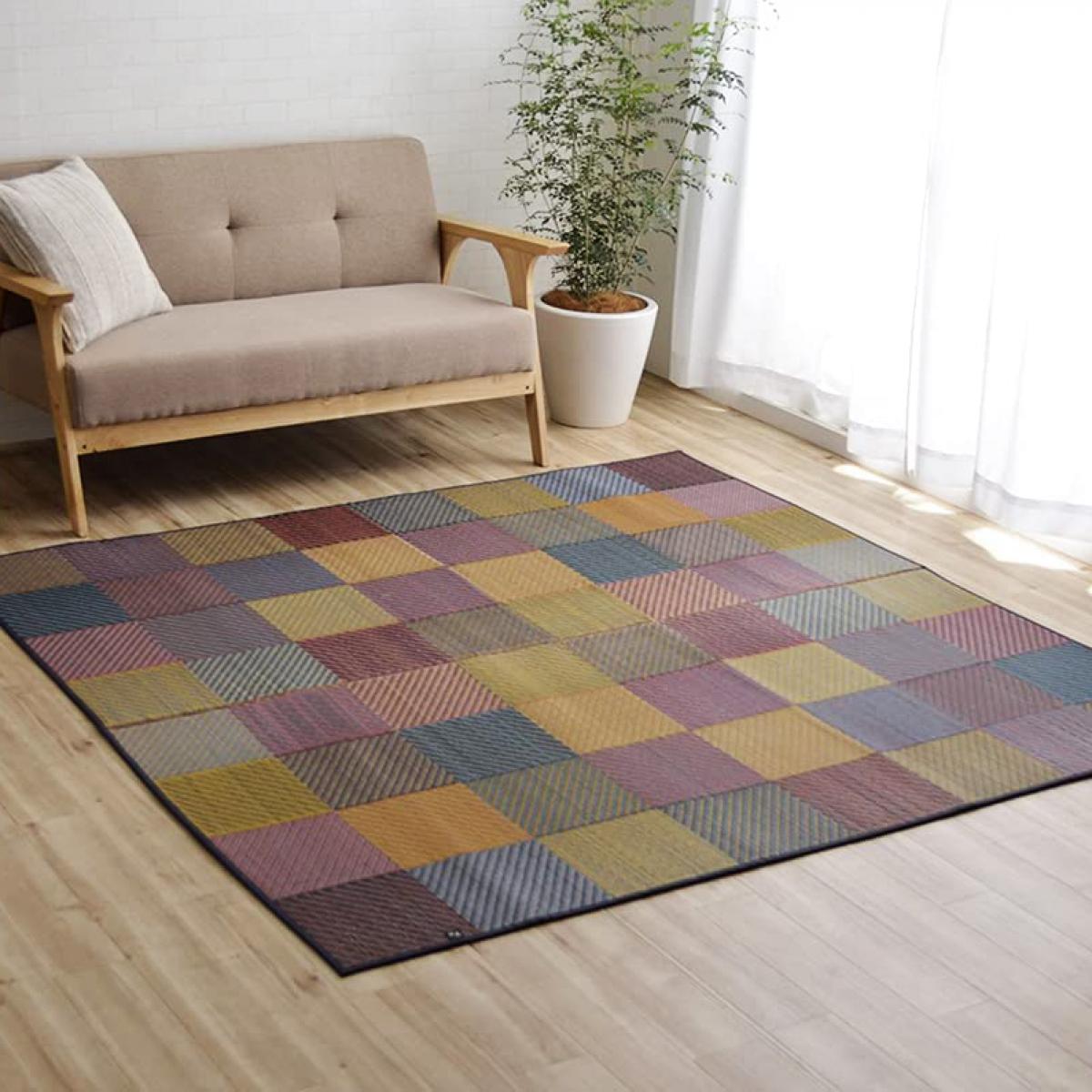 【I】【代引不可】イケヒコ 国産い草ラグカーペット DXカラフルブロック ブルー 約140×200cm 1709200【北海道・沖縄・離島不可】