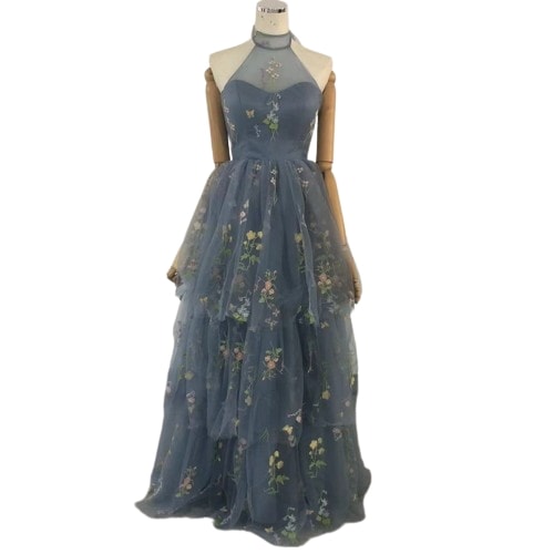 カラードレス パーティードレス 花の刺繍 ファスナー ソフトチュール お呼ばれ/二次会/合コン/デート