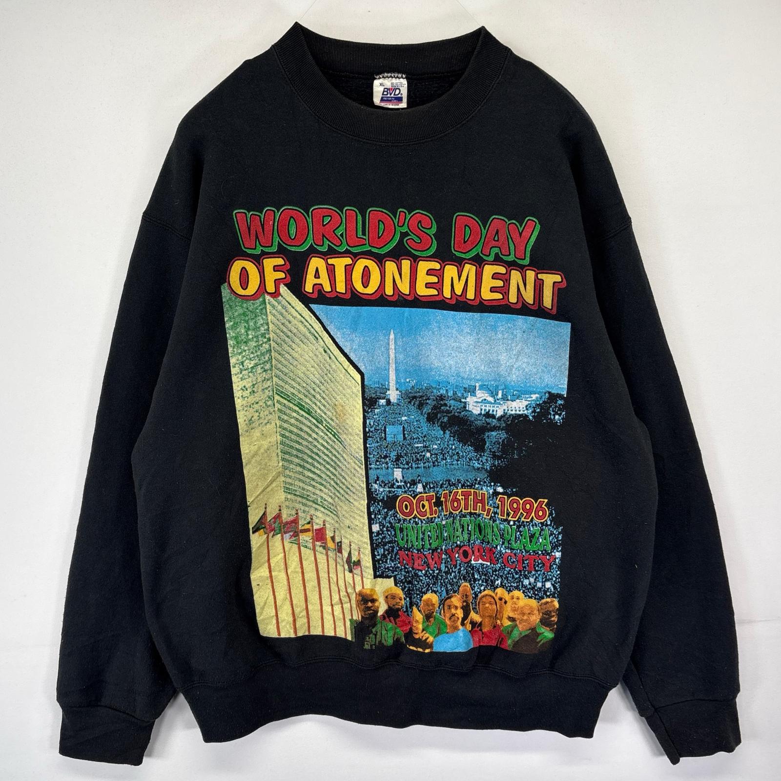 古着 90s/90年代 BVD USA製 スウェット ラップ ヒップホップ WORLDS DAY OF ATONEMENT トレーナー XL ブラック メンズ