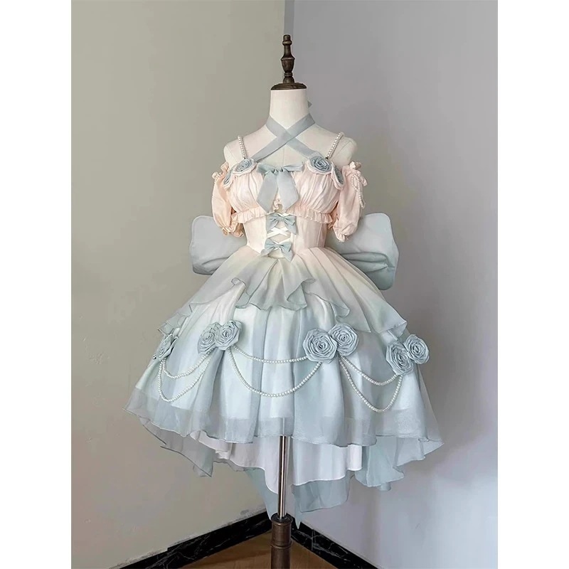 グラデーショングリーンライトフラワーウェディング前ショート＆後ろロングロリータギフトロリータゴージャステールプリンセスドレス