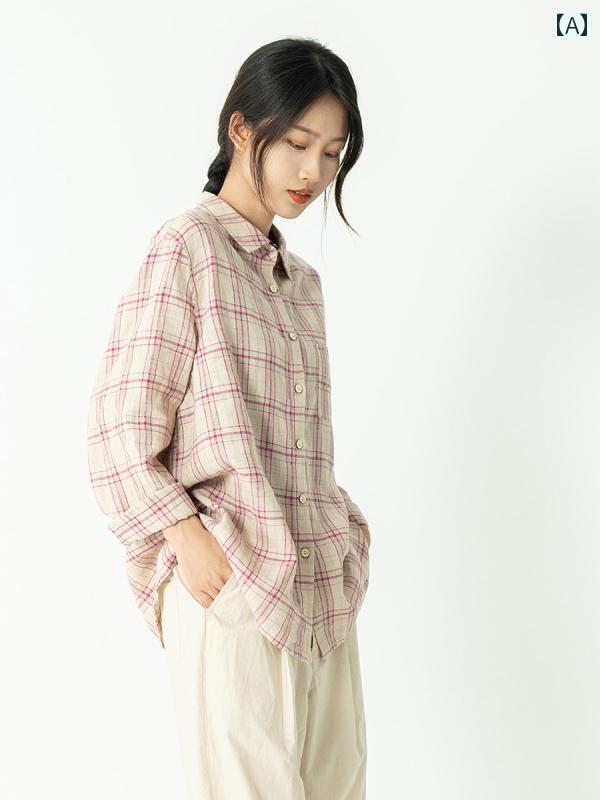 レディース　　シャツ　トップス Xihe ウォッシュ 2 色 糸 染め リネン コットン 文学 カジュアル シャツ トップス レディース