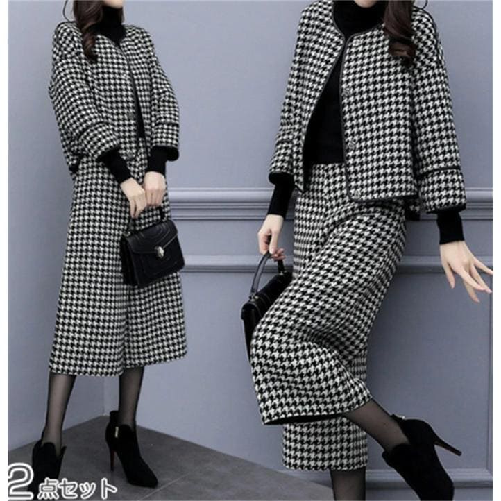 【新発.売&・激安販売】レディースワイドパンツ 千鳥格子柄 セットアップフォーマル 卒業式 トップス ママ ワイドパンツ 卒業式 レディース 2点セット