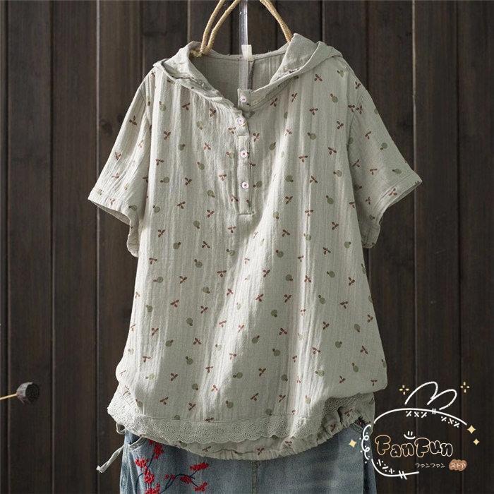 パーカー Tシャツ レディース ブラウス 春 夏 秋 リネン フード付き ガーゼ 半袖 シャツブラウス ガーゼ tシャツ 綿麻 トップス 着心地 体型カバー