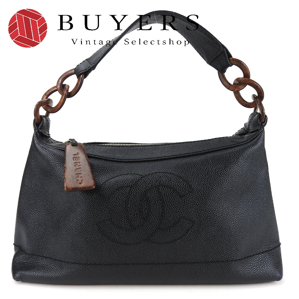 中古 ショルダーバッグ キャビアスキン ブラック ゴールド金具 ウッド調 7番台 肩掛け レディース 女性