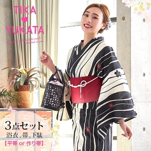 ゆかた 浴衣 ギャル レトロ 生成り地 よろけ縞 椿 平帯 or 作り帯 下駄 セット 選べる 帯 キャバ 和装 和服 古典柄 浴衣セット レトロモダン 大正ロマン ブラック 黒 激安 安い 可愛い