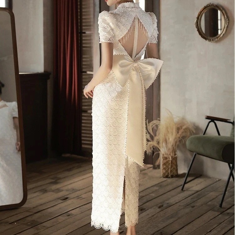 【ハイエンド】 ワンピース ハンドメイド パール レース 高級感 結婚式　ドレス バックレス パーティードレス レディース ブライズメイド ドレス パーティー 結婚式 ドレス お呼ばれ 蝶結び