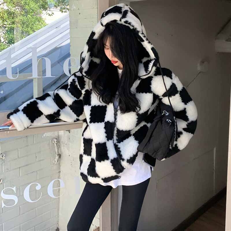 チェッカーボード柄 フード付き ラムウールジャケット ベルベット コート ジャケット アウター フリース レディース 秋冬 厚手 a3616