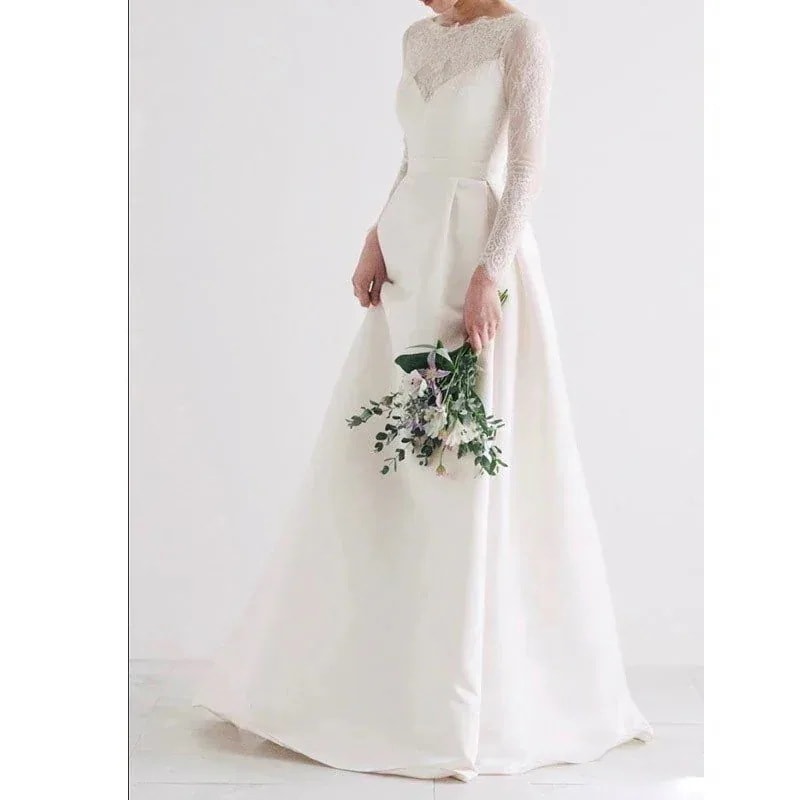 前撮り 長袖 ワンピース 編み上げタイプ Aライン ウェディングドレス ロング ウエディングドレス