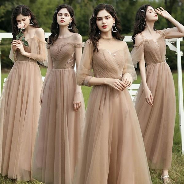 ブライズメイド ドレス ロング丈 袖付き 二次会 大きいサイズ 結婚式 体型カバー 半袖 フリル オフショルダー