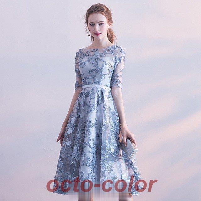 5分袖 パーティードレス Aラインドレス 膝丈 二次会 お呼ばれ 成人式 ブライズメイドドレス 結婚式 体型カバー 編み上げ ミディアム丈ドレス