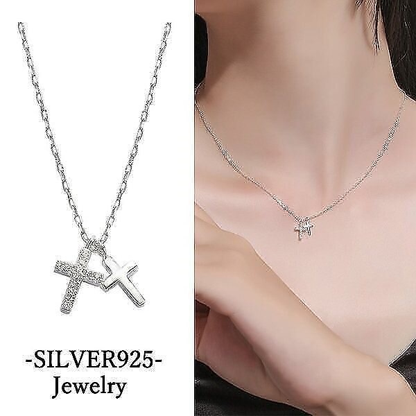 ネックレス レディース 贅沢15粒 クロス ダブルクロス 2色 シルバー ピンクゴールド SILVER925 人気 プレゼント