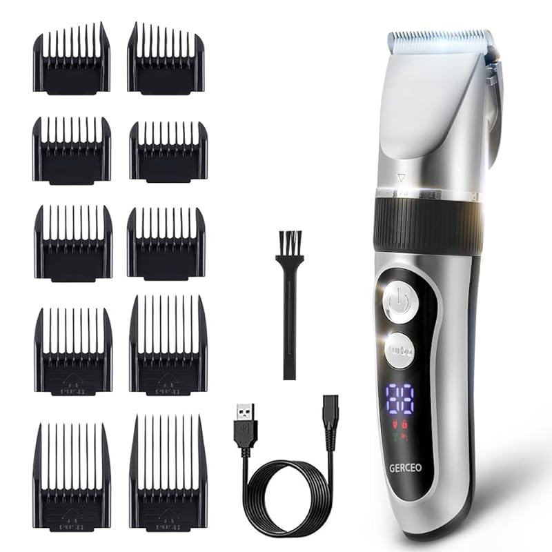 【新設計】 GERCEO バリカン メンズ ヘアカッター 電動バリカン 散髪用 水洗い可 IPX7防水 USB充電式 大容量バッテリー内蔵 5段階ダイヤル X 10種類アタッチメントの付け替え(0.8