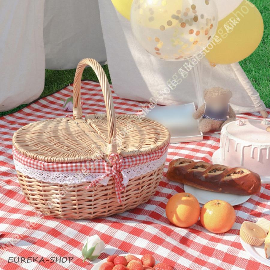 ピクニックバスケット お花見 ピクニック バスケット カゴ収納 フルーツバスケット 蓋付き ランチバスケット シェルフバスケット ピクニック 可愛い 籐かご